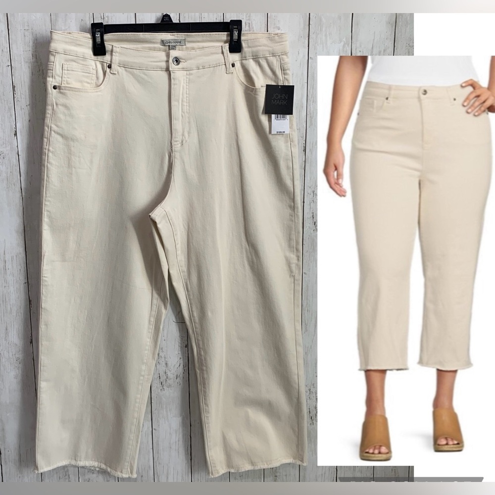 NWT John Mark Jeans Women -22W Crop Wide Leg Frayed Hem Ivory Jeans Cotton